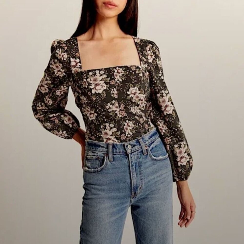 ABERCROMBIE & FITCH Square Neck Floral Blouse  Balloon Sleeve  Size XS